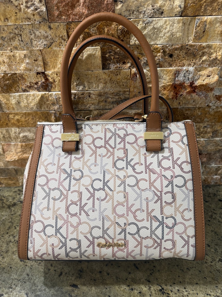 Brand New Calvin Klein Multicolor Monogram Satchel With Tan Trim